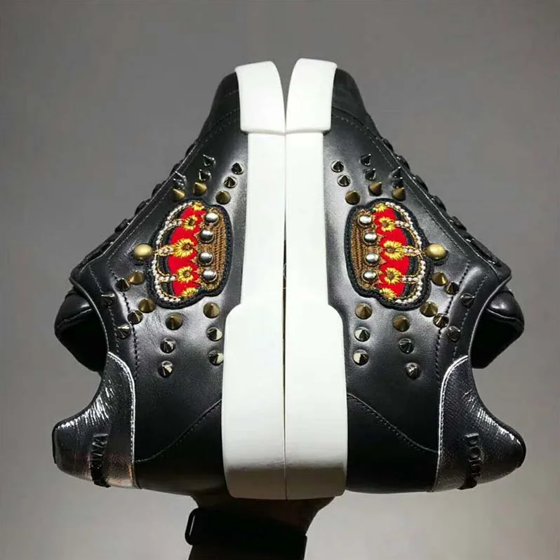 Dolce Gabbana D&G Shoes Calfskin Portofino Sneakers With Patch for Men in Black