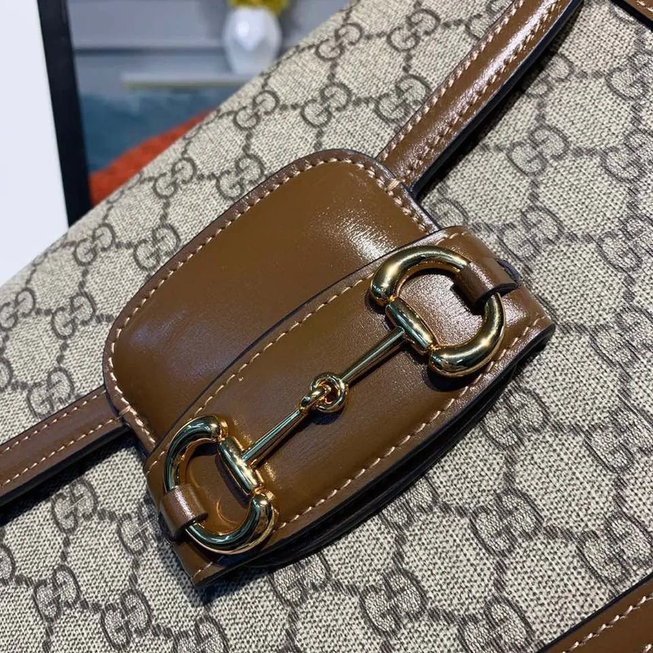 Gucci Horsebit 1955 Shoulder Bag Beige/Ebony GG Supreme Canvas With Brown / Gucci Horsebit 1955 Shoulder Bag Beige/Ebony GG Supreme Canvas With Brown /