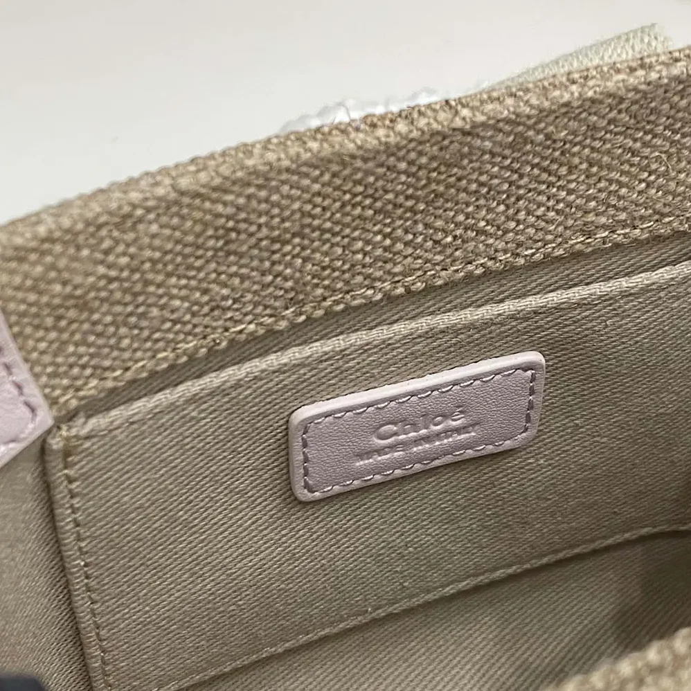 Chloe Mini Woody Tote Bag in Linen & Leather for Women in Pink