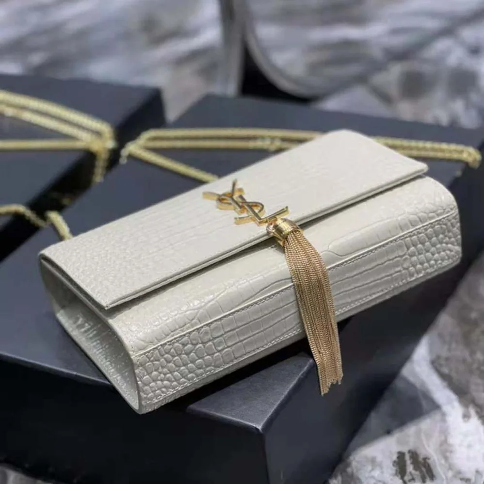 Saint Laurent YSL Kate Medium with Tassel in Crocodile-Embossed Shiny Leather for Women in White Saint Laurent YSL Kate Medium with Tassel in Crocodile-Embossed Shiny Leather for Women in White