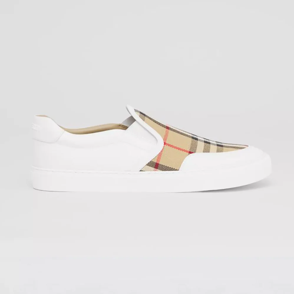 Burberry Leather and Vintage Check Slip-on Sneakers for Women in White Burberry Leather and Vintage Check Slip-on Sneakers for Women in White
