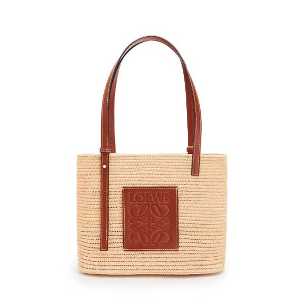 Loewe Small Square Basket Bag in Raffia and Calfskin for Women in Brown Loewe Small Square Basket Bag in Raffia and Calfskin for Women in Brown