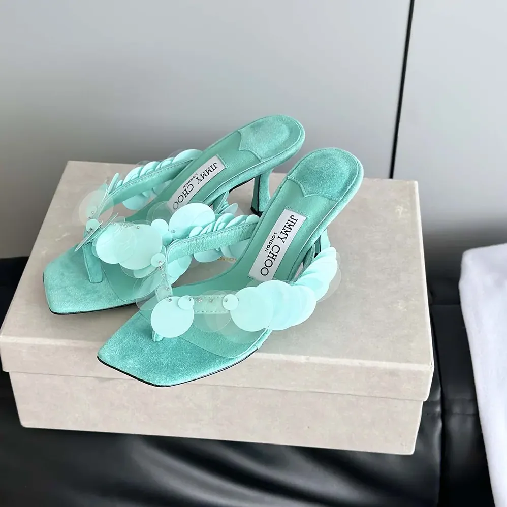 Jimmy Choo Freja 70 Aqua Green Suede Paillette Sandals for Women