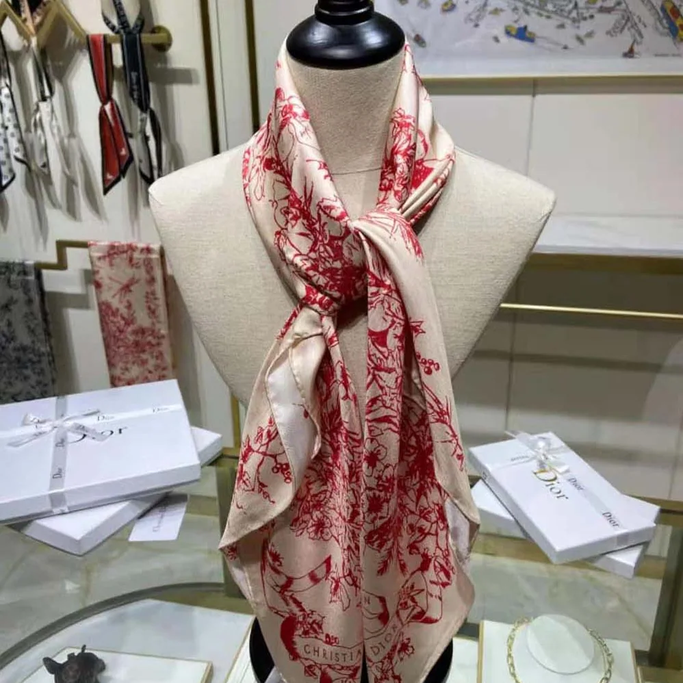Dior Toile De Jouy Flowers Square Scarf Ivory and Red Silk Twill for Women Dior Toile De Jouy Flowers Square Scarf Ivory and Red Silk Twill for Women