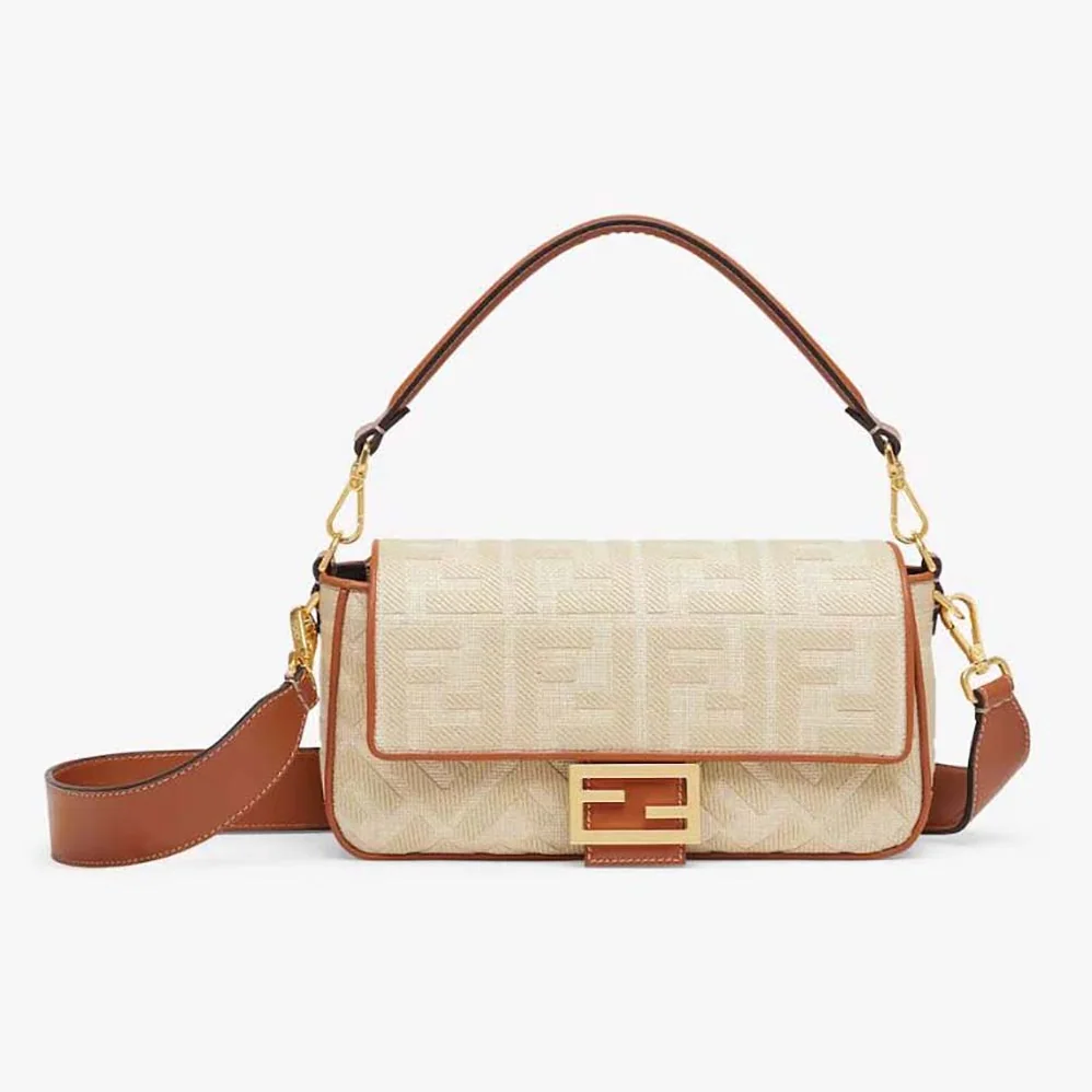 Fendi Baguette Natural Straw Bag with FF Embroidery for Women
