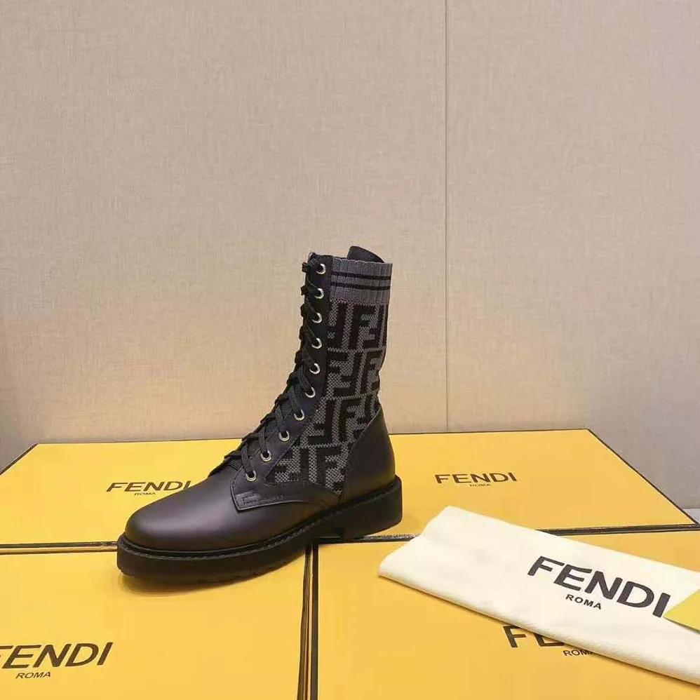 Fendi Rockoko Black Leather Biker Boots with Stretch Fabric for Women