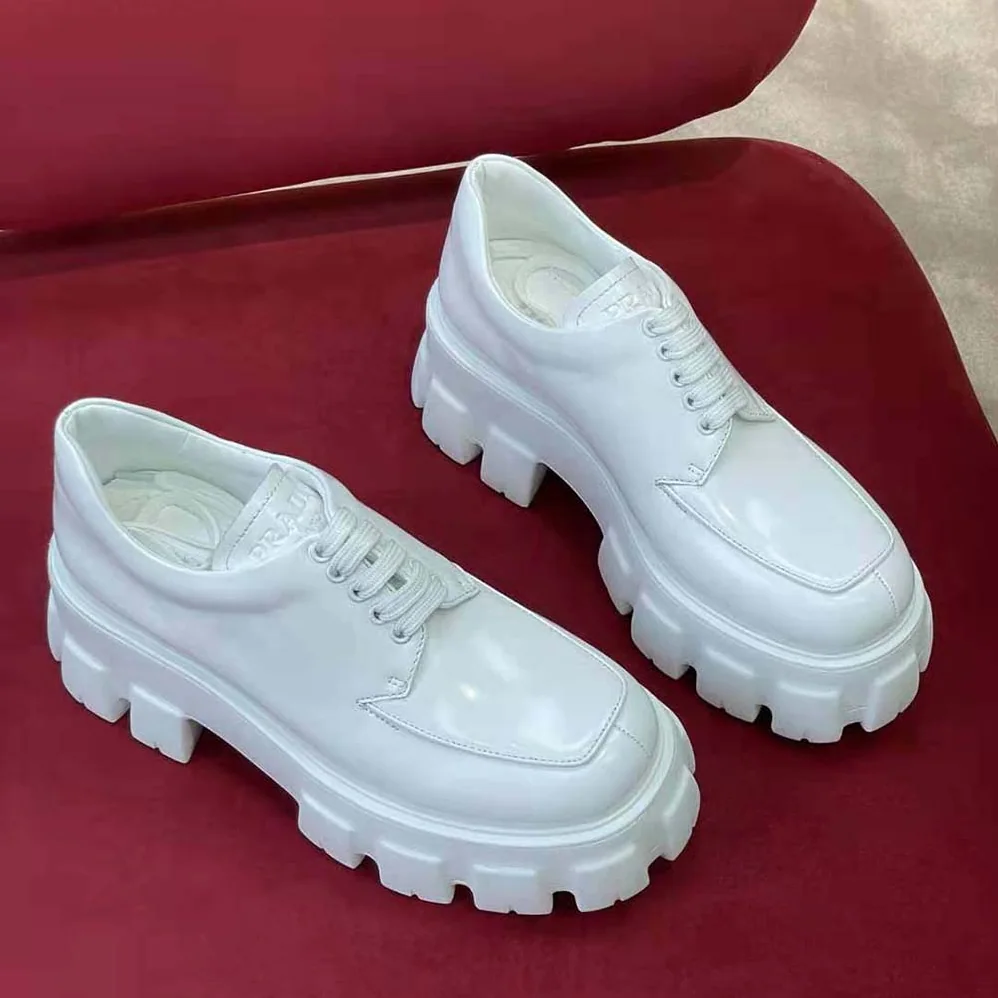 Prada Monolith Brushed Leather Lace-up Shoes for Women in White Prada Monolith Brushed Leather Lace-up Shoes for Women in White