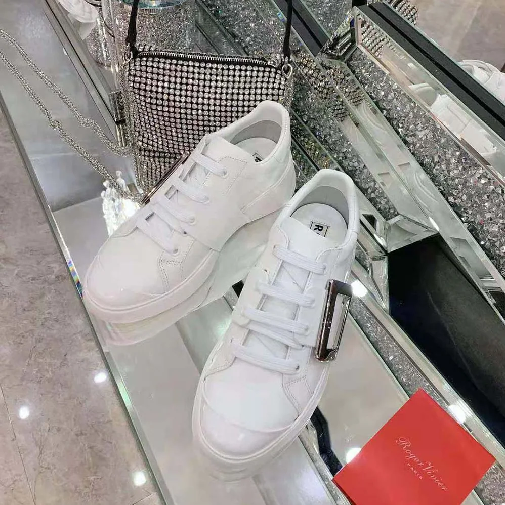Roger Vivier Viv Skate Metal Buckle Sneakers in Soft Leather for Women in White