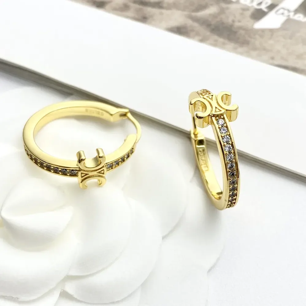 Celine Triomphe Sparkle Hoops in Strass and Brass with Gold Finish for Women