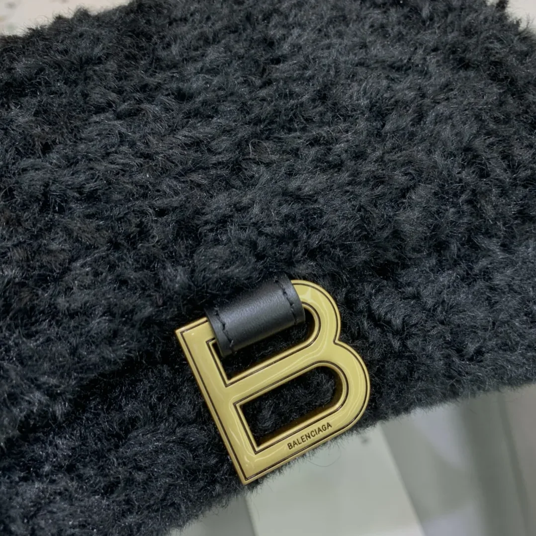 Balenciaga Furry Hourglass Small Handbag With Strap In Black /