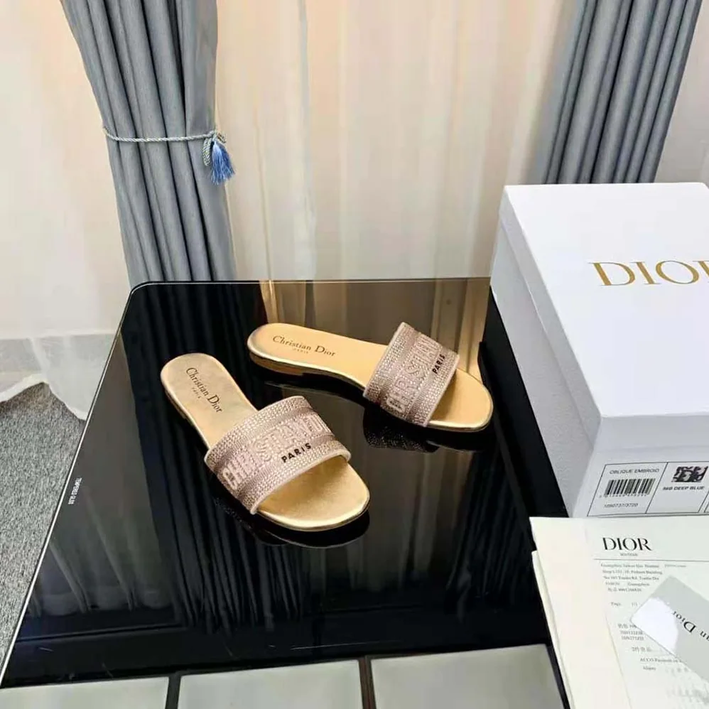 Dior Dway Slide Gold-Tone Cotton Embroidered with Metallic Thread and Strass for Women Dior Dway Slide Gold-Tone Cotton Embroidered with Metallic Thread and Strass for Women