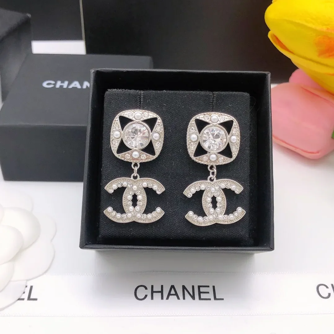 Chanel Square Double C Stud Earrings White