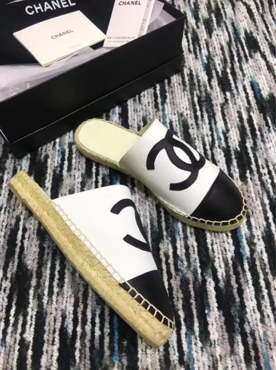 Chanel Mule Espadrille Slides White/Black , Shoes Chanel Mule Espadrille Slides White/Black , Shoes