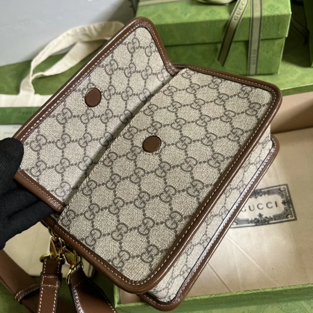 Gucci Messenger Bag With Interlocking G Beige And Ebony GG Supreme Canvas And Brown / GG 92THG Gucci Messenger Bag With Interlocking G Beige And Ebony GG Supreme Canvas And Brown / GG 92THG