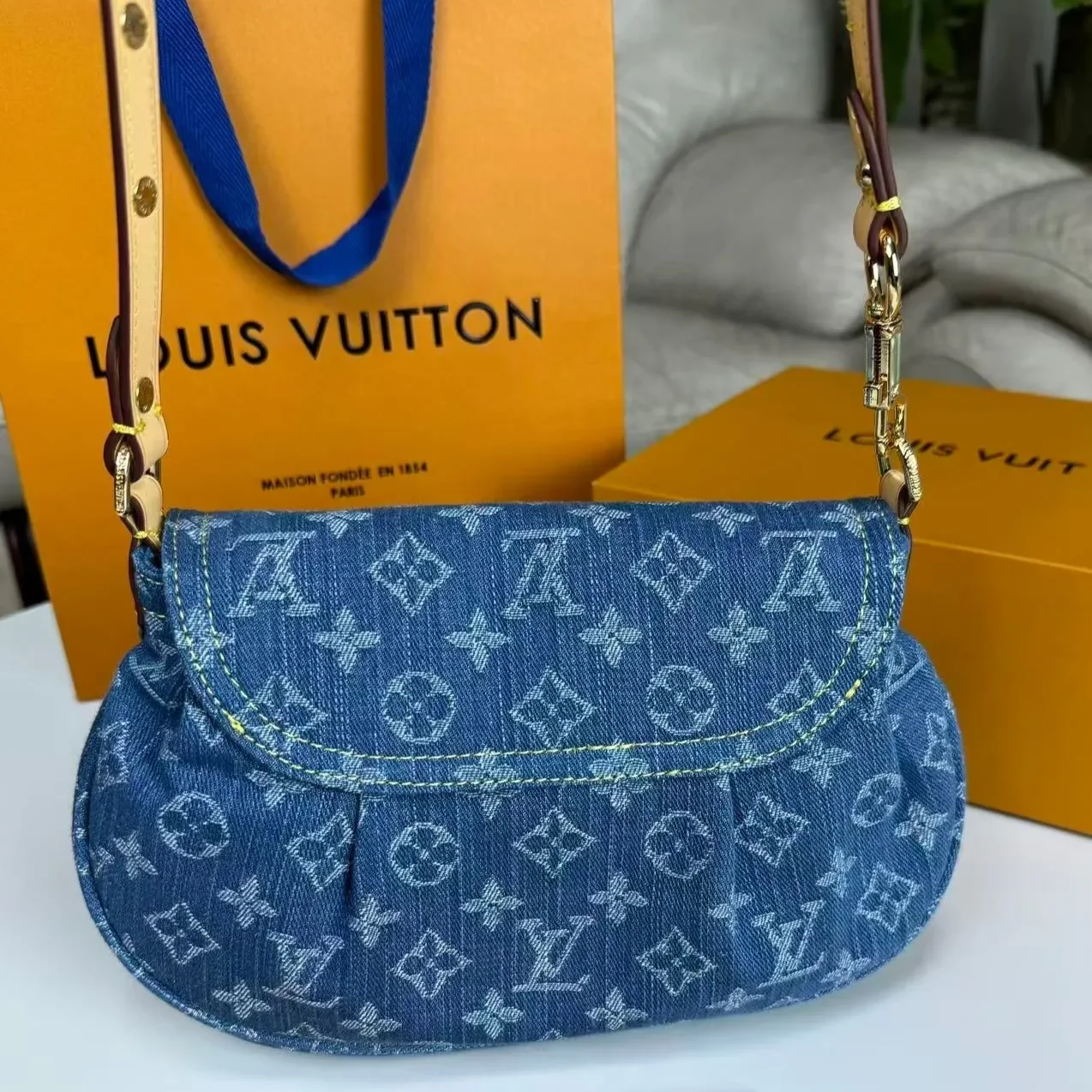 Louis Vuitton Sunset Shoulder Bag in Blue Denim Gold Hardware Louis Vuitton Sunset Shoulder Bag in Blue Denim Gold Hardware