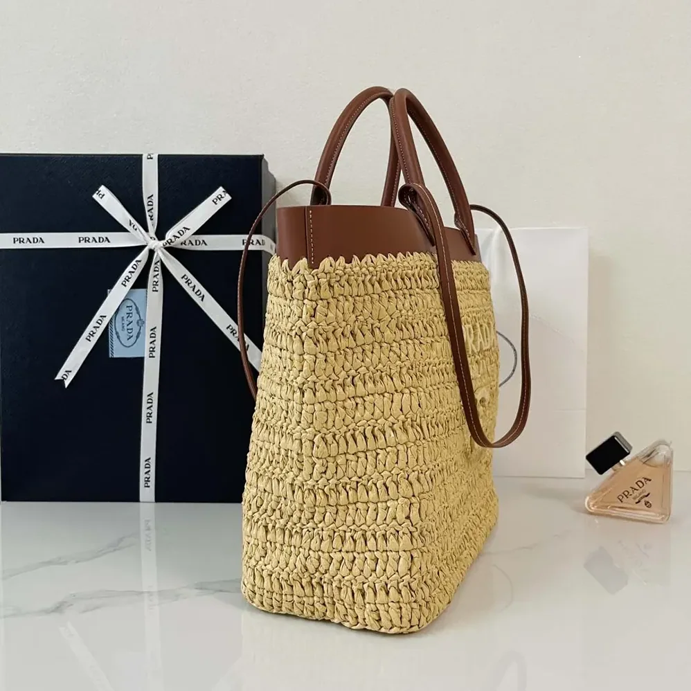 Prada Medium Crochet and Leather Tote Bag for Women in Brown Prada Medium Crochet and Leather Tote Bag for Women in Brown