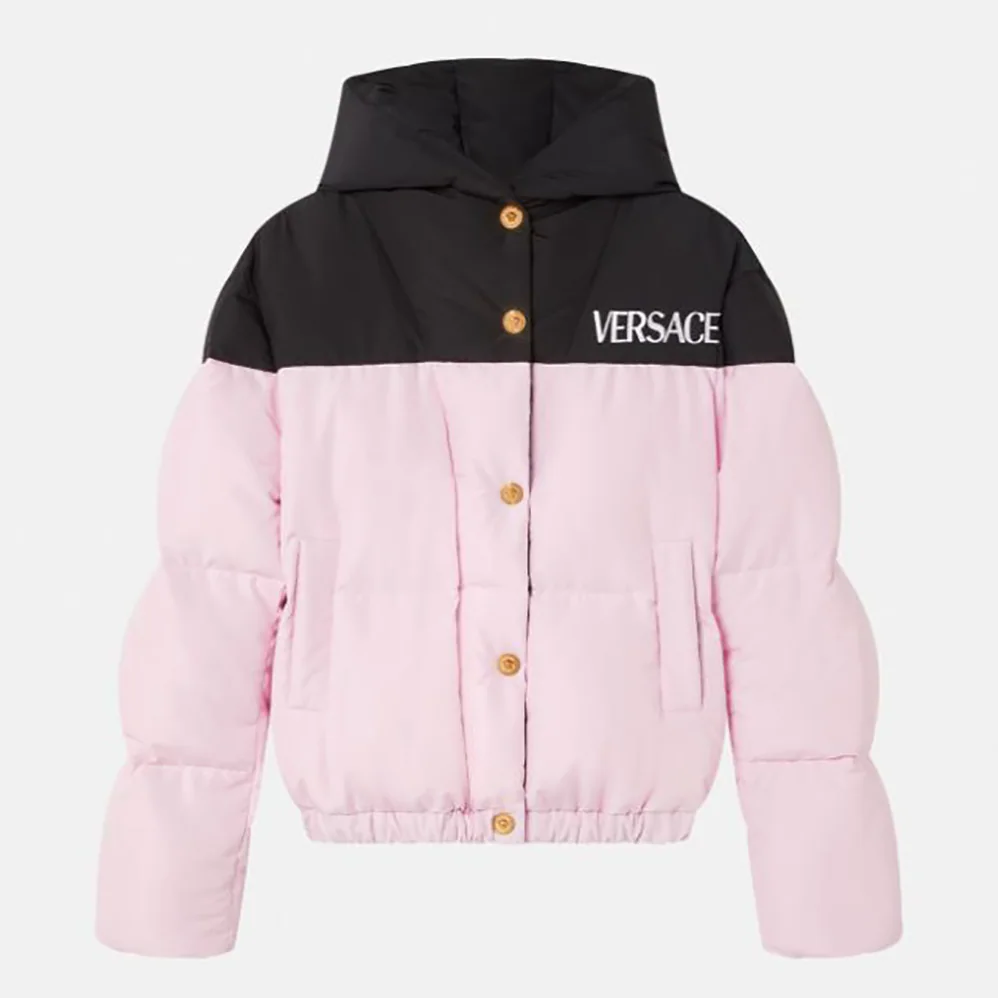 Versace Logo Puffer Jacket for Women in Pink Versace Logo Puffer Jacket for Women in Pink