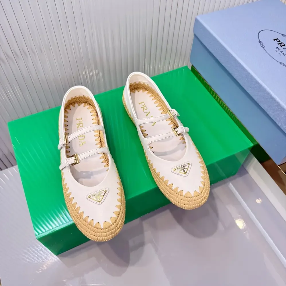 Prada Nappa Leather And Raffia Ballerinas for Women in White