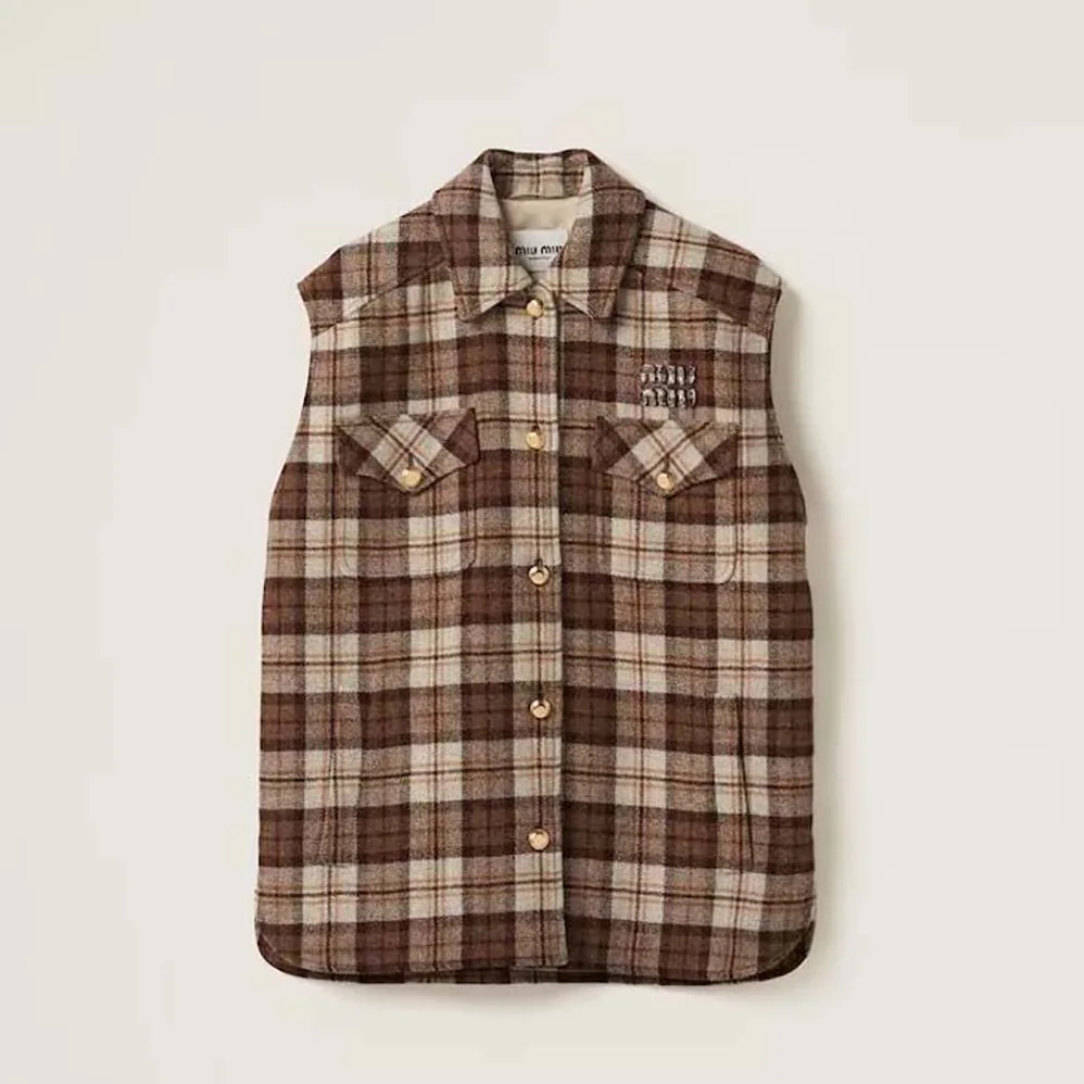 Miu Miu Check Blouson Vest with Embroidered Logo for Women Miu Miu Check Blouson Vest with Embroidered Logo for Women