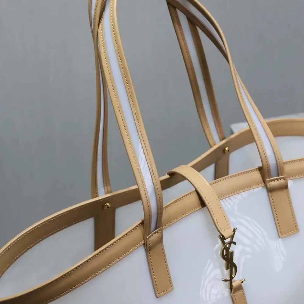 Saint Laurent YSL Panier Medium in Vinyl and Vegetable-tanned Leather for Women in Beige