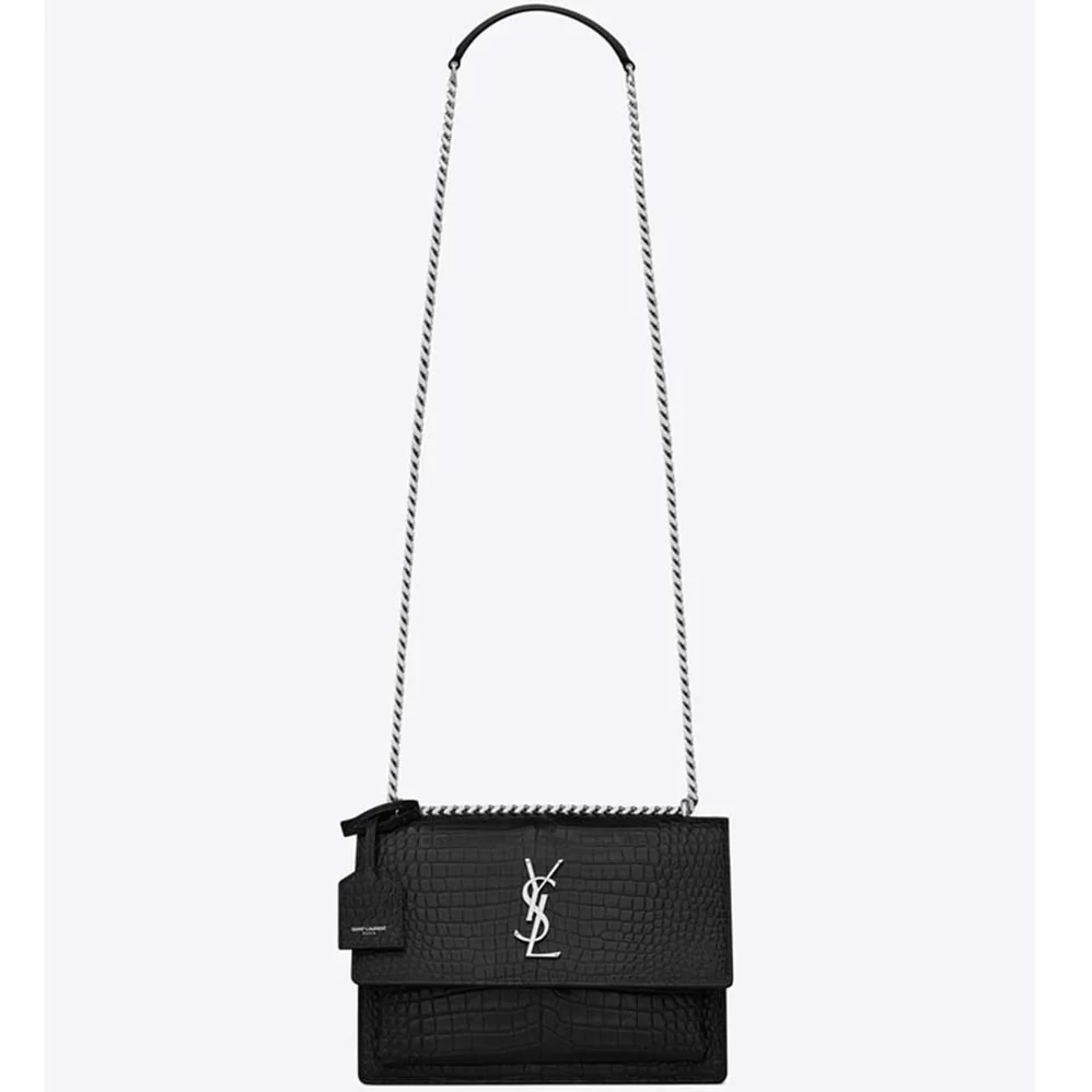Saint Laurent YSL Sunset Medium Crocodile Embossed Shiny for Women in Black