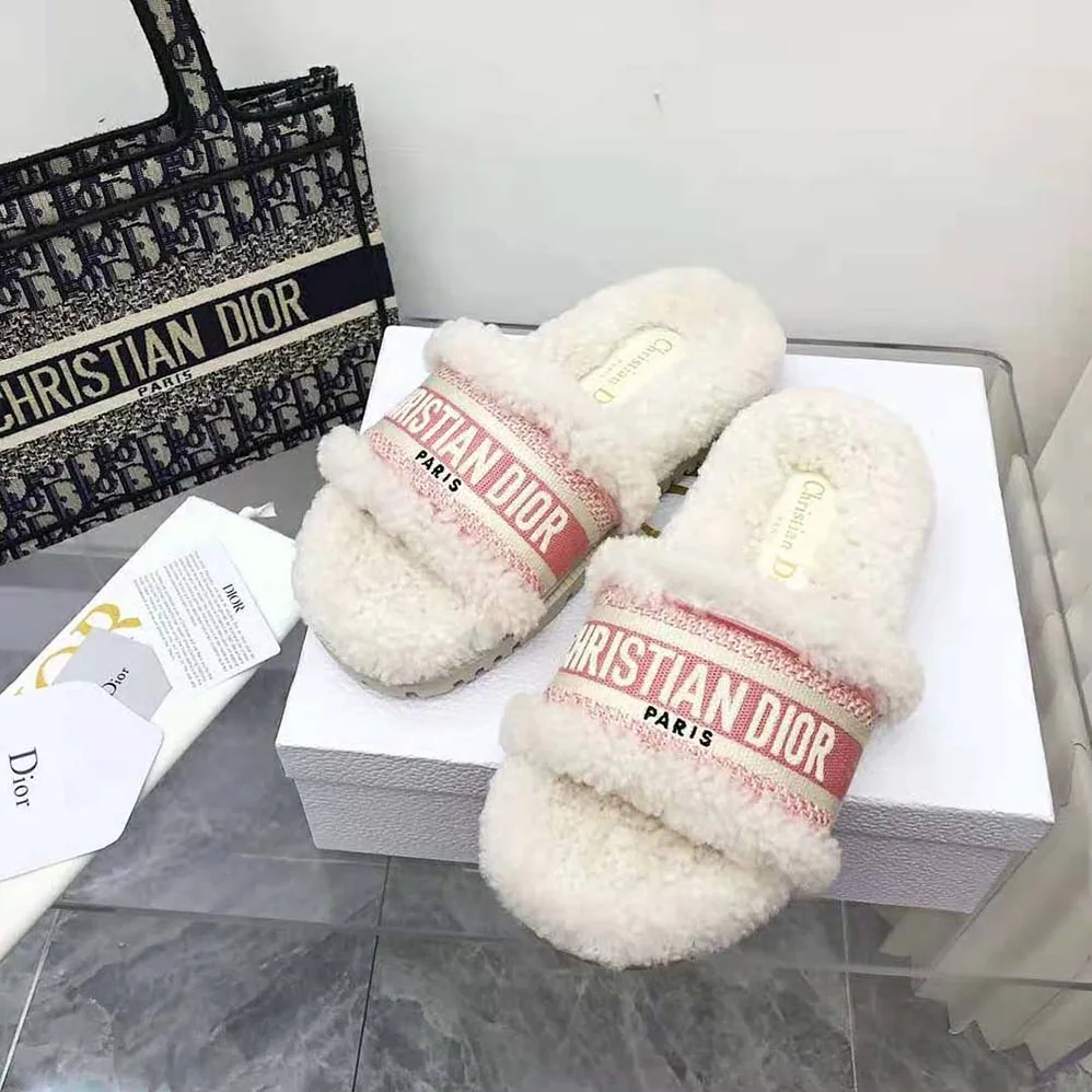 Dior Dway Slide Peony Pink Embroidered Cotton and White Shearling for Women