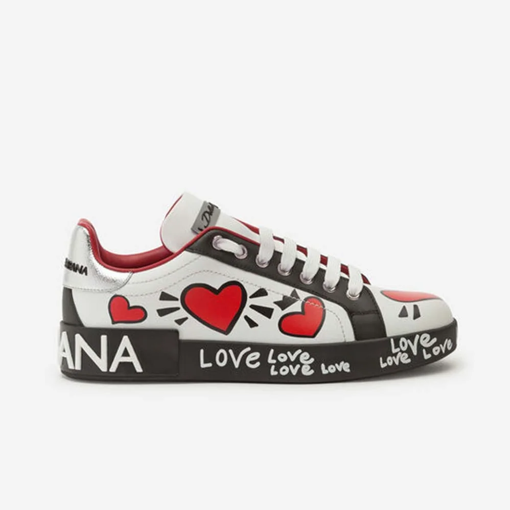 Dolce Gabbana D&G Calfskin Nappa Portofino Sneakers with Heart Print for Women in Red