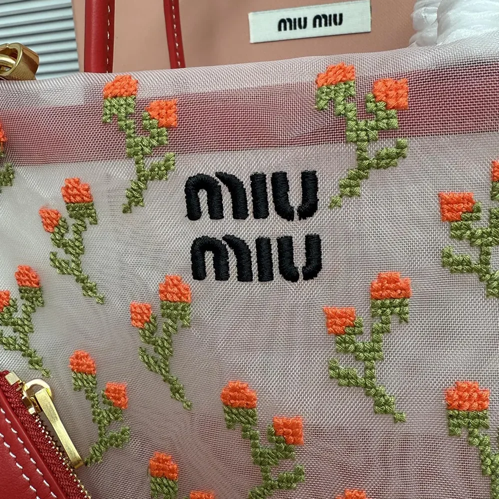 Miu Miu Embroidered Mesh Top-handle Bag for Women in Red Miu Miu Embroidered Mesh Top-handle Bag for Women in Red