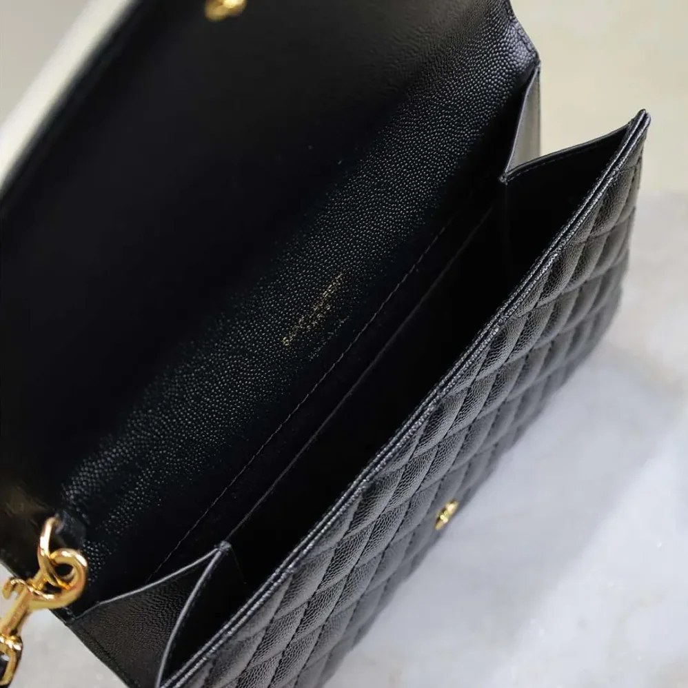 Saint Laurent YSL Envelope Flap Pouch In Mix Matelassé Grain De Poudre Leather Black for Women