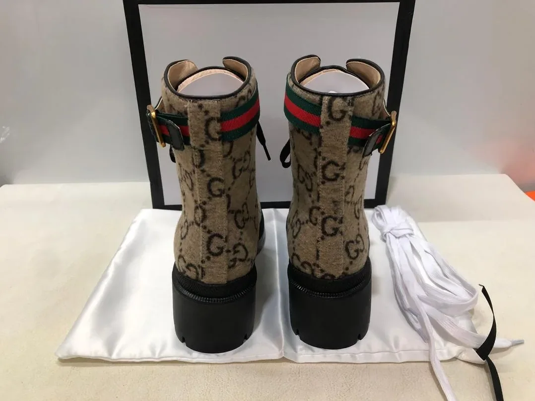 Gucci Trip GG Wool Combat Boots By Canvas Beige in Ebony