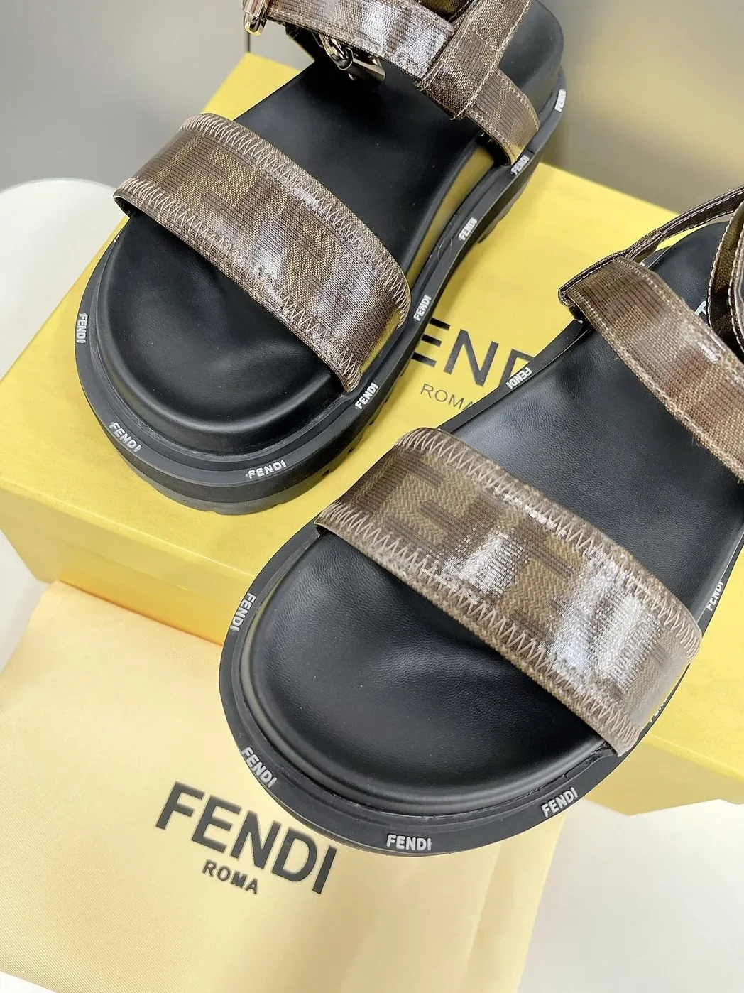Fendi Brown FF Jacquard Sandals