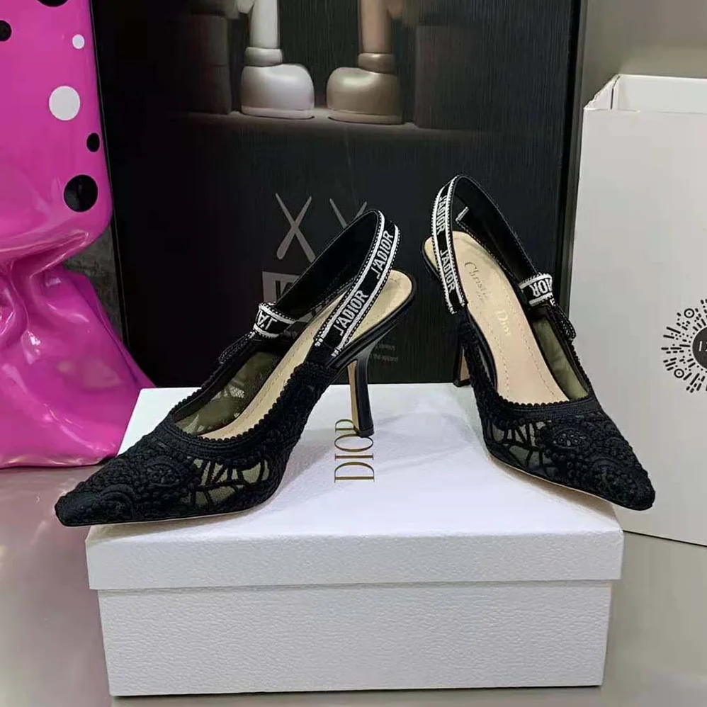 Dior J Adior Slingback Pump Black Macramé Embroidered Cotton for Women Dior J Adior Slingback Pump Black Macramé Embroidered Cotton for Women