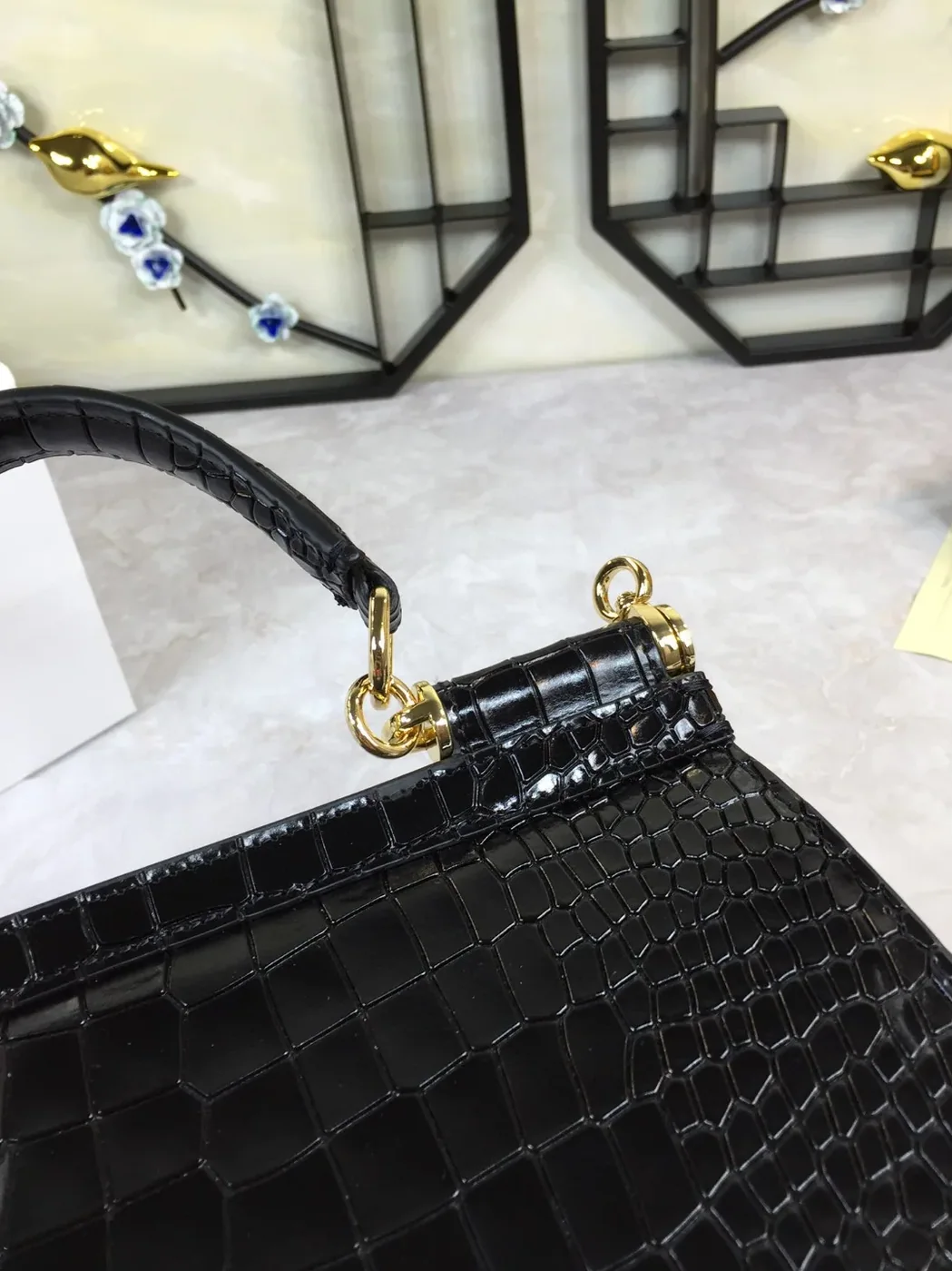 Dolce & Gabbana Medium Sicily Bag In Foiled Crocodile in Print Black / DG