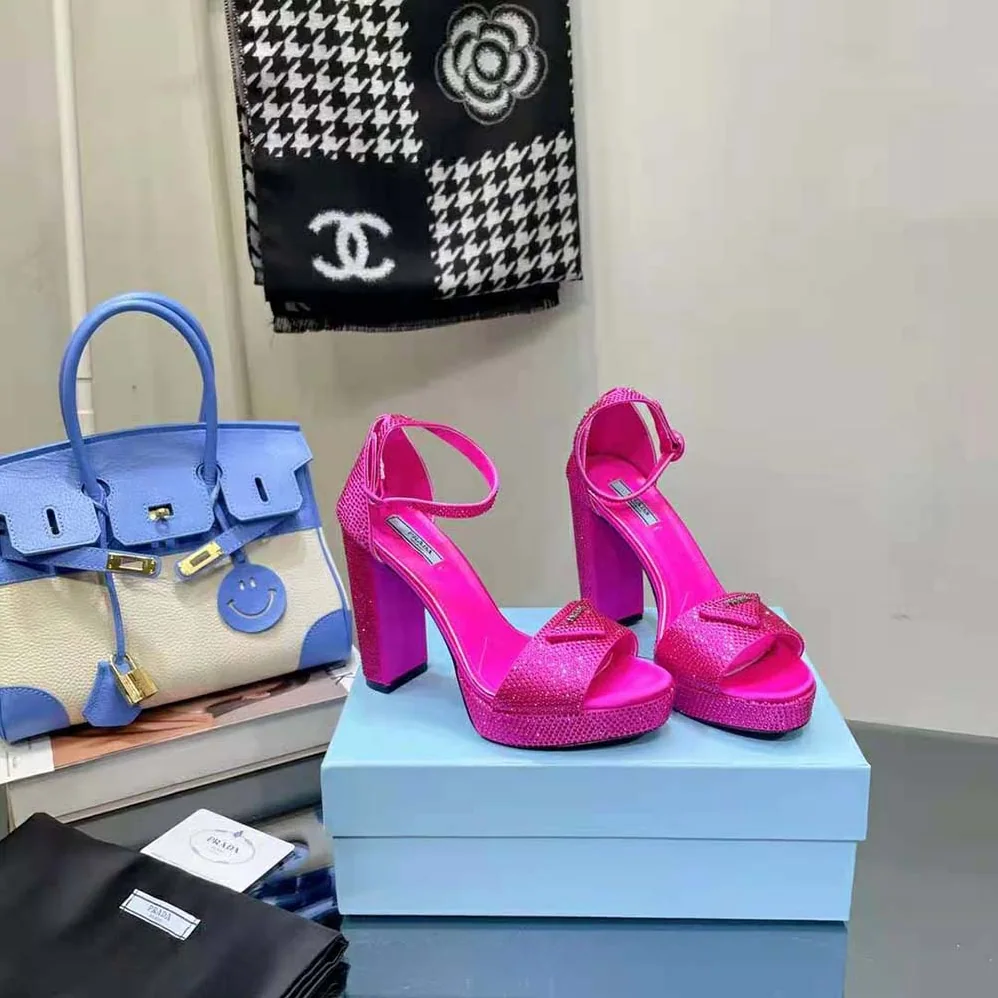 Prada Satin Platform Sandals with Crystals for Women in Pink
