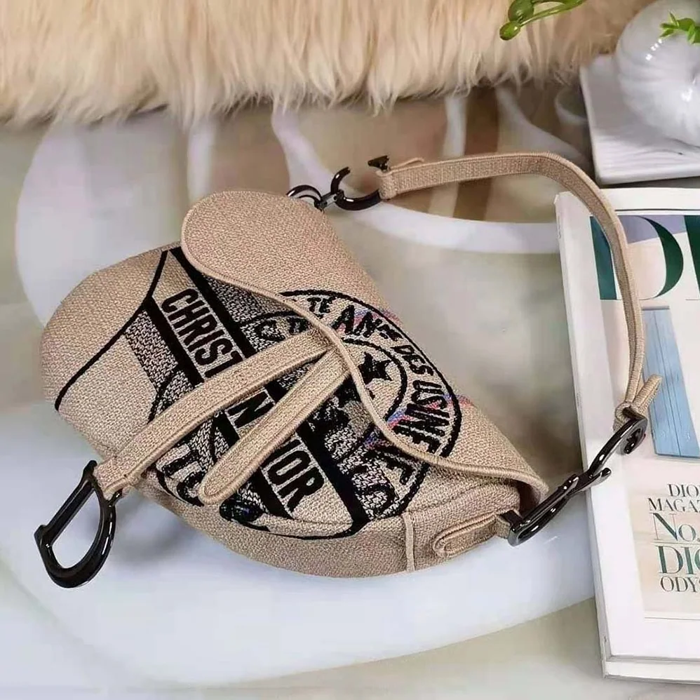 Dior Saddle Bag Beige Jute Canvas Embroidered with Dior Union Motif for Women