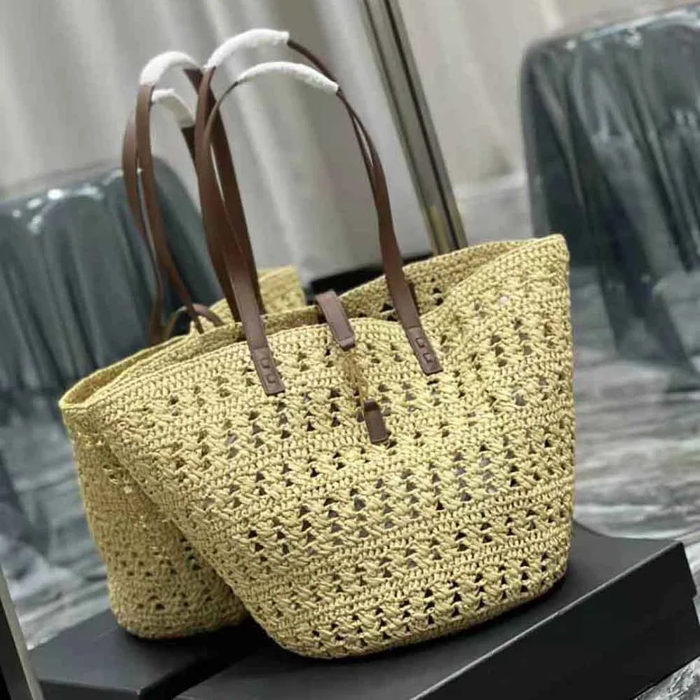 Saint Laurent YSL Panier Medium Bag in Crochet Raffia and Smooth Leather for Women