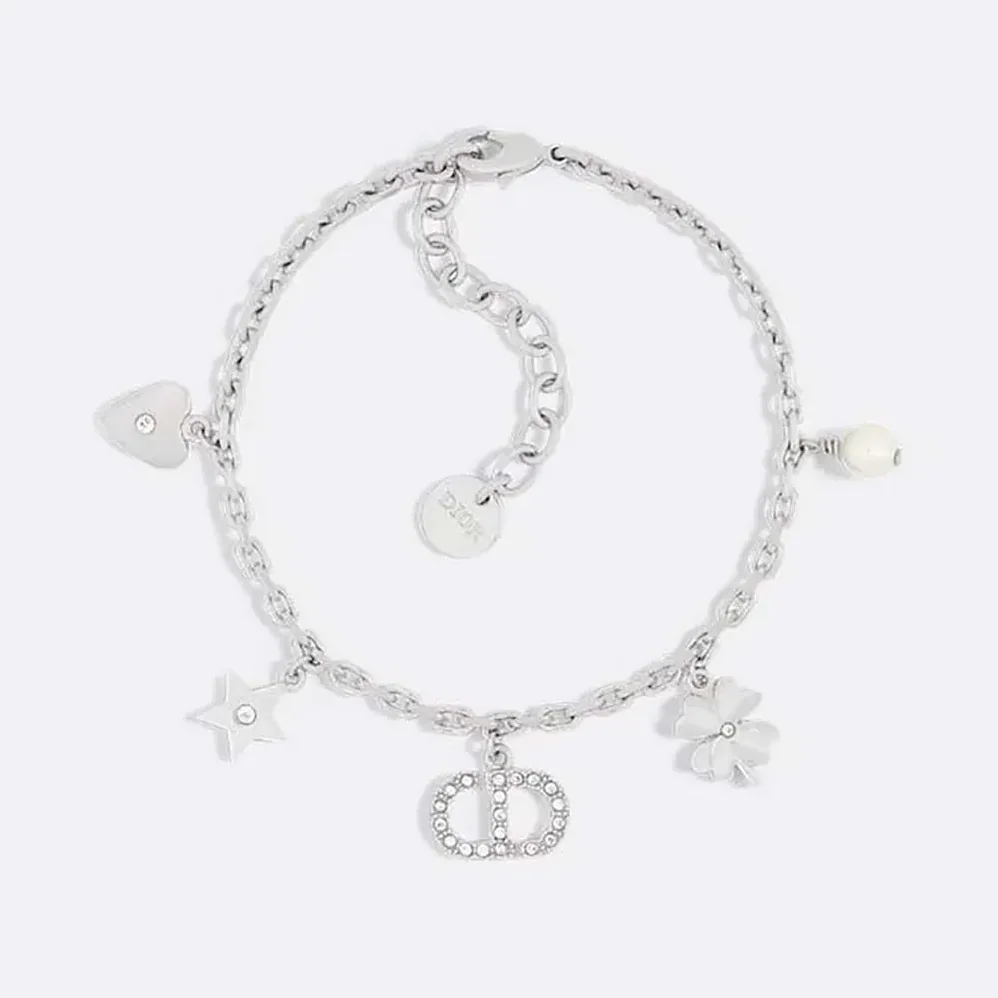 Dior Petit CD Lucky Charms Bracelet Silver-Finish Metal with White Resin Pearl and Silver for Women in Tone Crystals Dior Petit CD Lucky Charms Bracelet Silver-Finish Metal with White Resin Pearl and Silver for Women in Tone Crystals