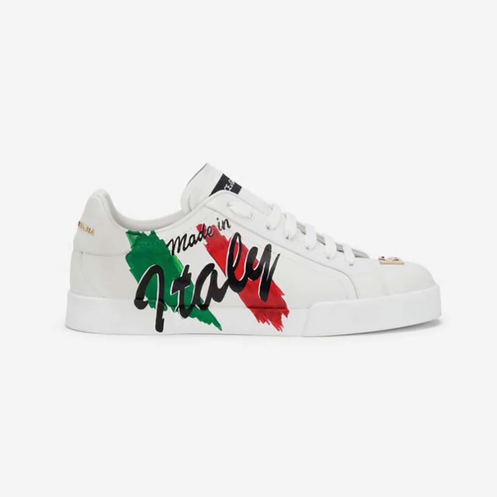 Dolce Gabbana D&G Calfskin Portofino Light Sneakers with Print for Women in White