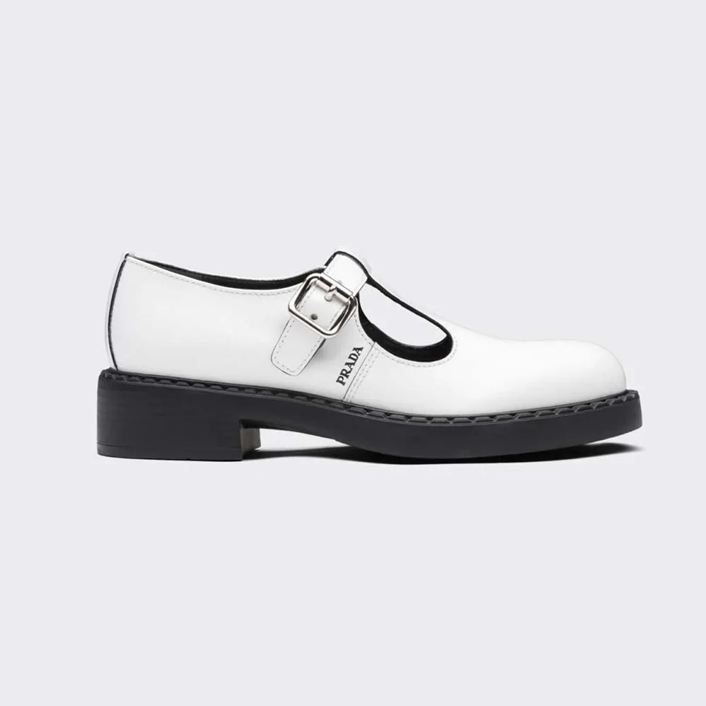Prada Brushed-Leather Mary Jane T-Strap Shoes for Women in White Prada Brushed-Leather Mary Jane T-Strap Shoes for Women in White