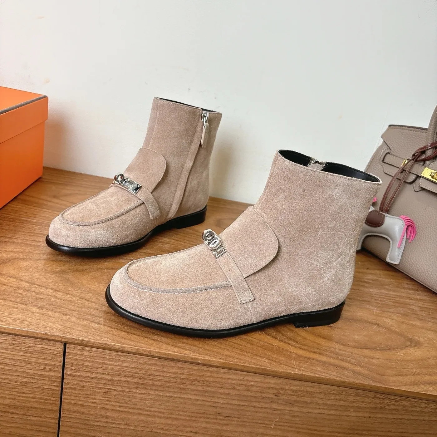 Hermes Kelsy Ankle Boots Beige Camel