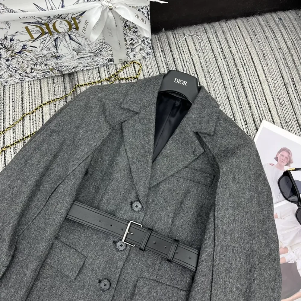 Dior Belted Jacket with Removable Scarf Gray Virgin Wool Tweed for Women