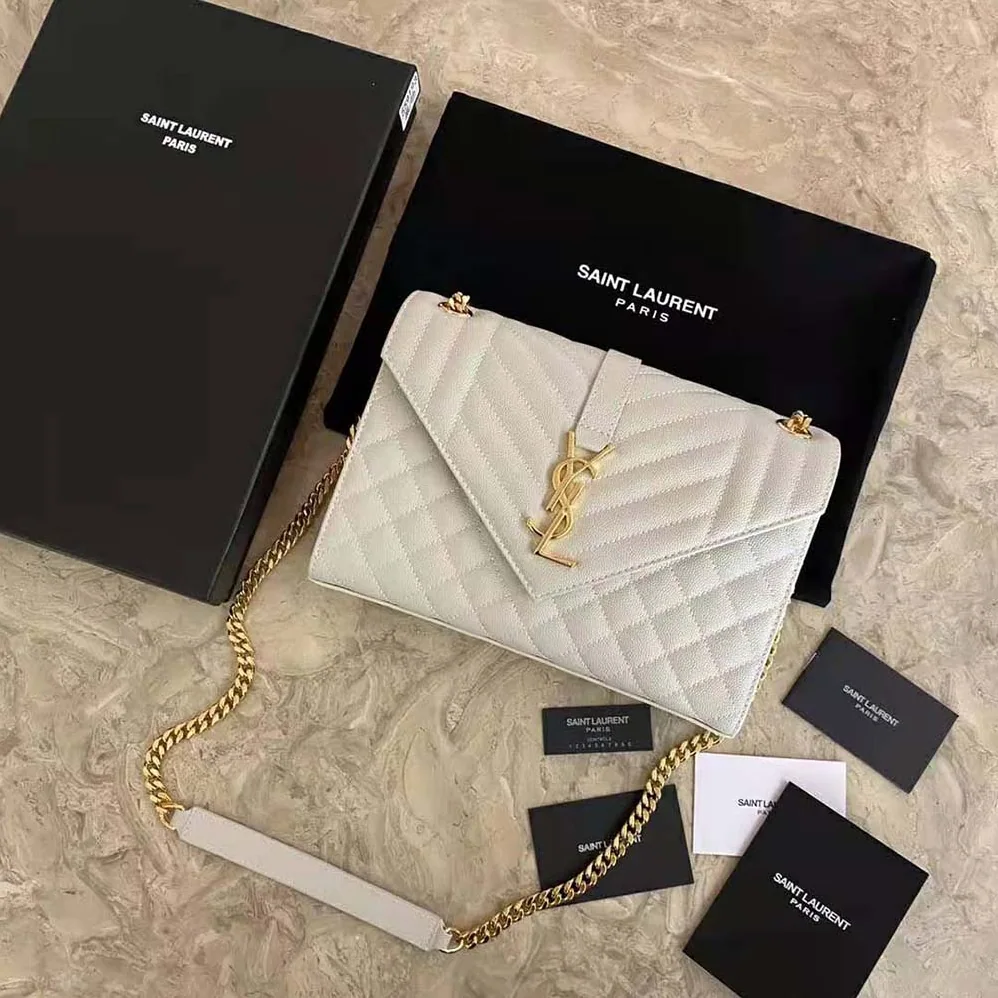 Saint Laurent YSL Envelope Medium Bag in Mix Matelasse Grain DE Poudre Embossed Leather for Women in White