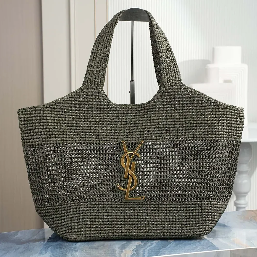 Saint Laurent YSL Icare Medium In Raffia Dark Green for Women