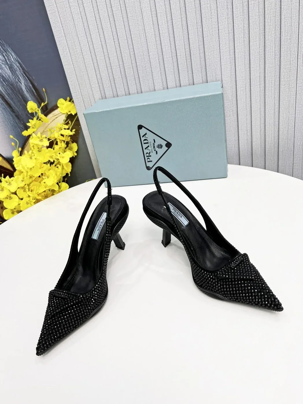 Prada Satin Slingback Pumps With Crystals Black in PRD