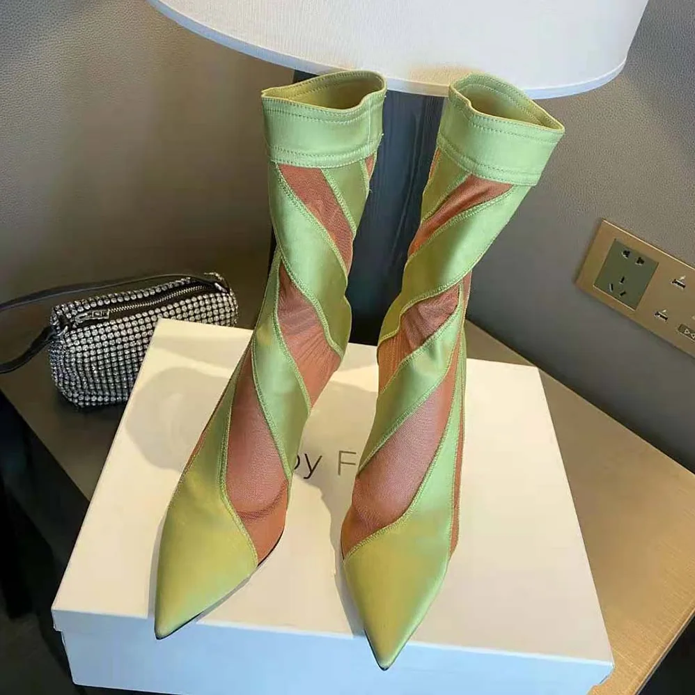 Jimmy Choo Mugler Sock Ankle Boot Neon Yellow and Nude Sheer Spiral Stretch Fabric for Women Jimmy Choo Mugler Sock Ankle Boot Neon Yellow and Nude Sheer Spiral Stretch Fabric for Women