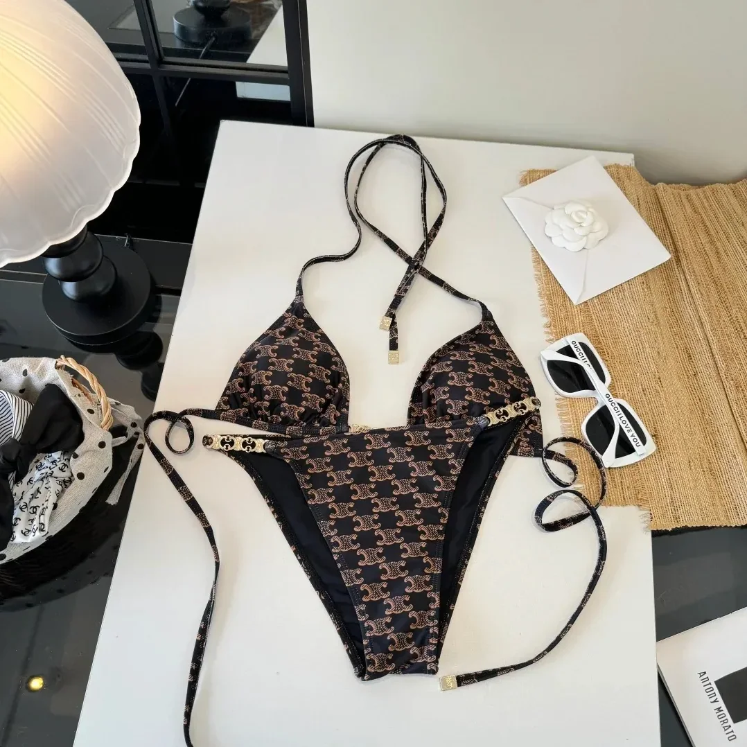 Celine Triomphe Monogram Triangle Bikini Black in Gold Celine Triomphe Monogram Triangle Bikini Black in Gold
