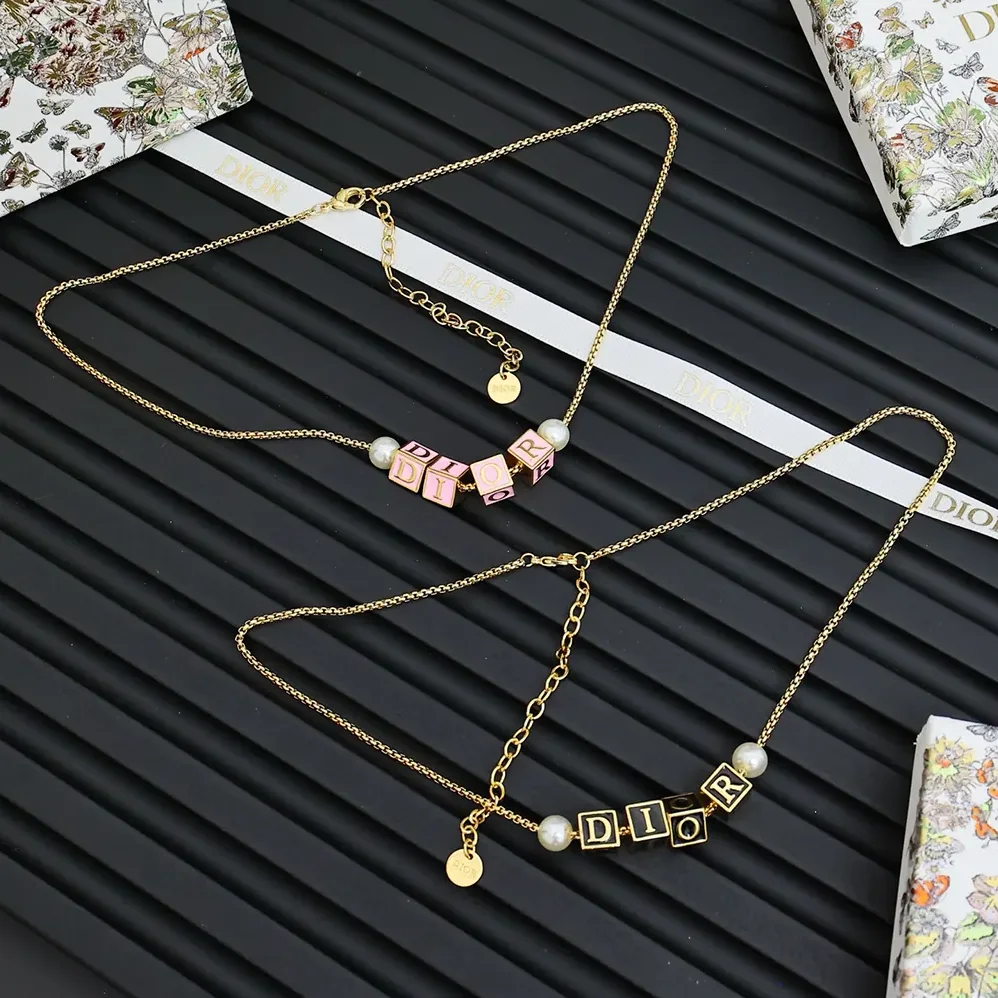 Dior D-Dice Necklace Gold-Finish Metal with Pale Pink Lacquer and White Resin Pearls for Women