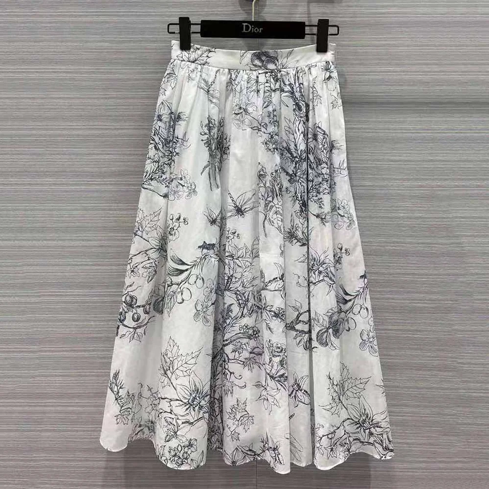 Dior Mid-Length Skirt Navy Blue Cotton Muslin with Toile de Jouy Flowers Motif for Women