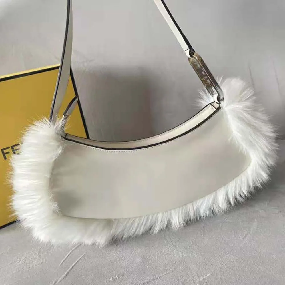 Fendi O'Lock Swing Camellia Leather and Fox Fur Pouch for Women