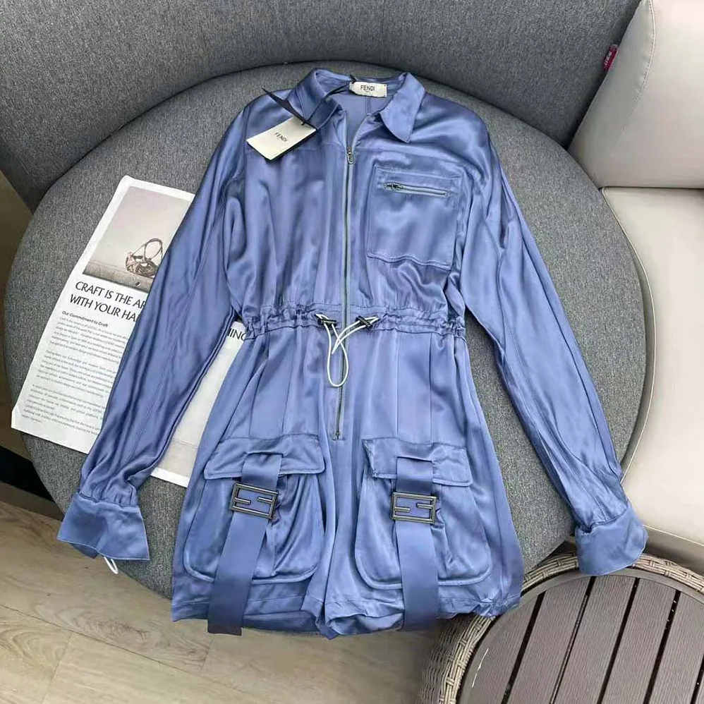 Fendi Jumpsuit Playsuit in Blue Viscose Satin for Women Fendi Jumpsuit Playsuit in Blue Viscose Satin for Women